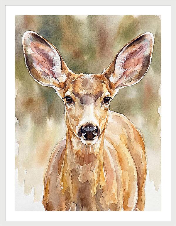 Mule Deer Portrait In Watercolor