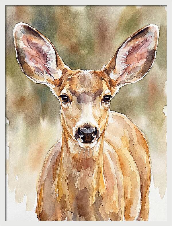 Mule Deer Portrait In Watercolor