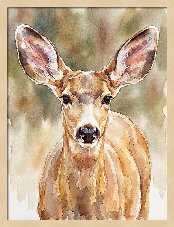 Mule Deer Portrait In Watercolor