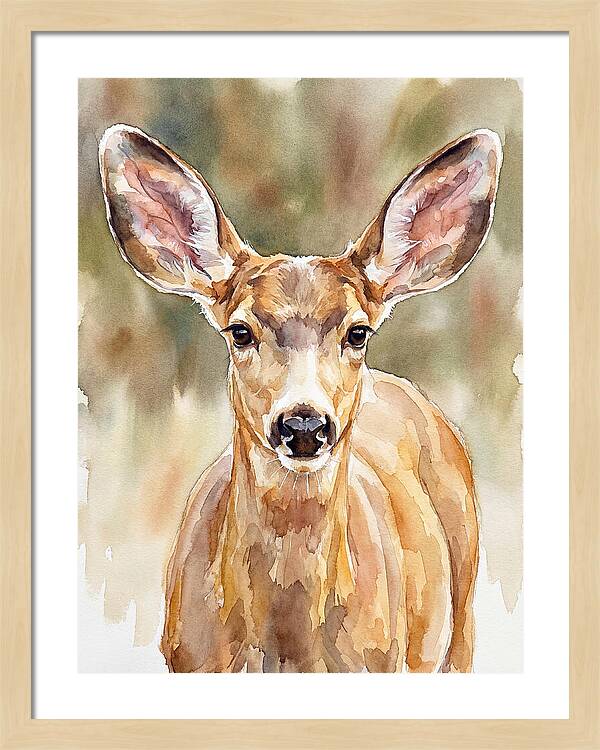Mule Deer Portrait In Watercolor