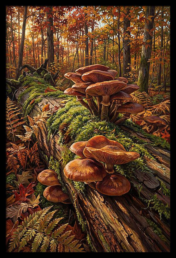 Mushrooms Among Autumn Leaves