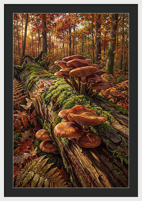 Mushrooms Among Autumn Leaves