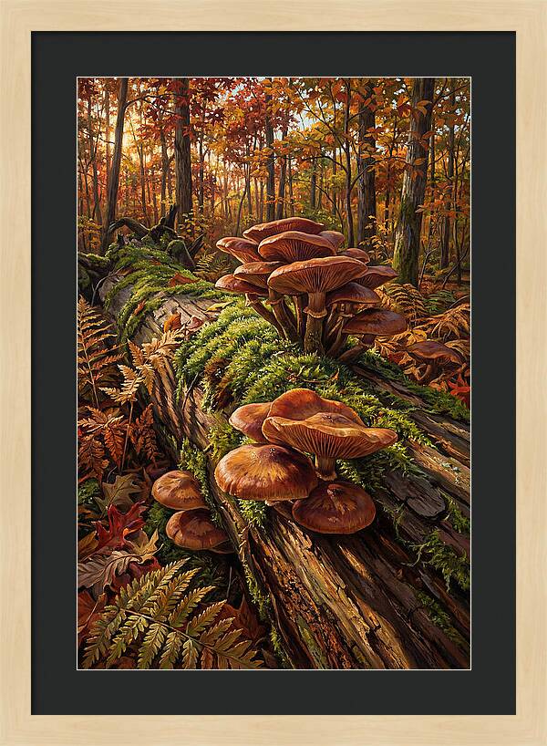 Mushrooms Among Autumn Leaves
