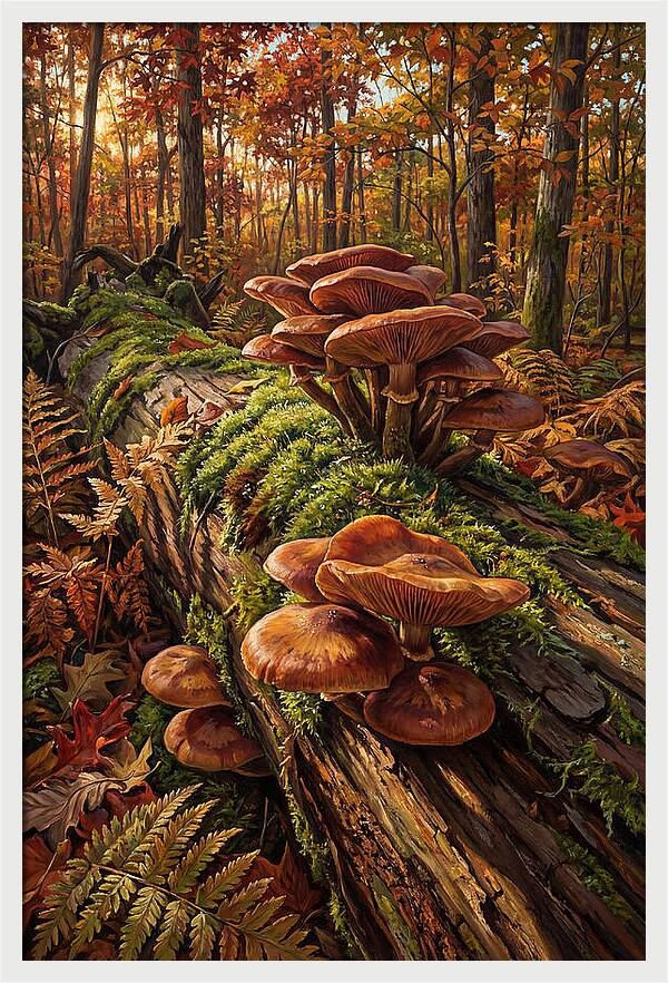 Mushrooms Among Autumn Leaves