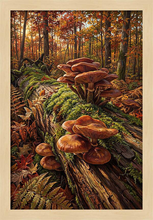 Mushrooms Among Autumn Leaves