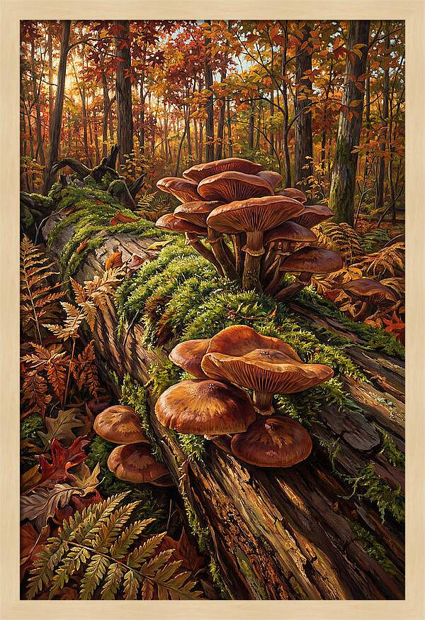 Mushrooms Among Autumn Leaves