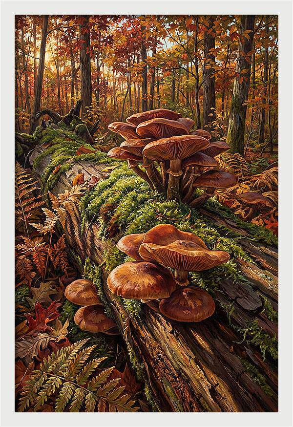 Mushrooms Among Autumn Leaves