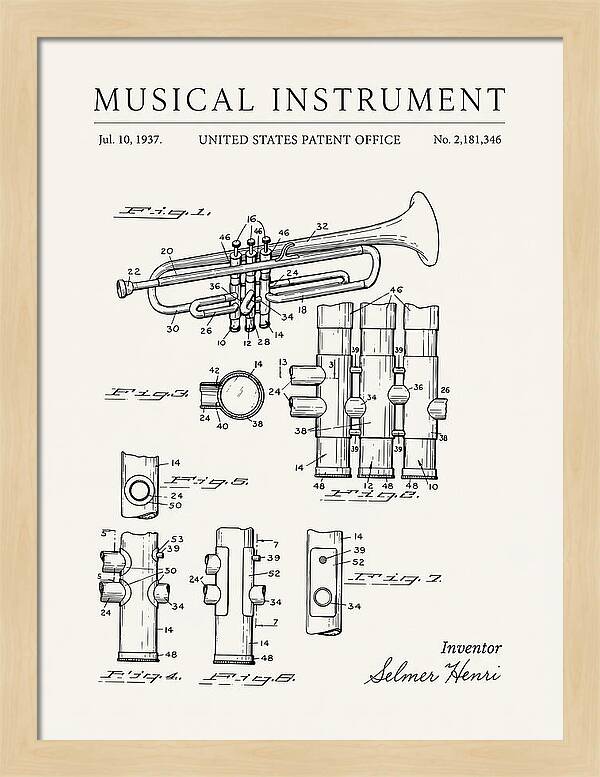 Musical Instrument Trumpet Minimalist Patent Us2181346a