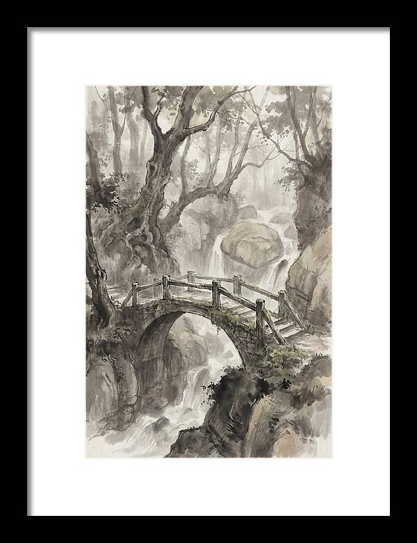 Narrow Stone Footbridge Over Mossy Ravine