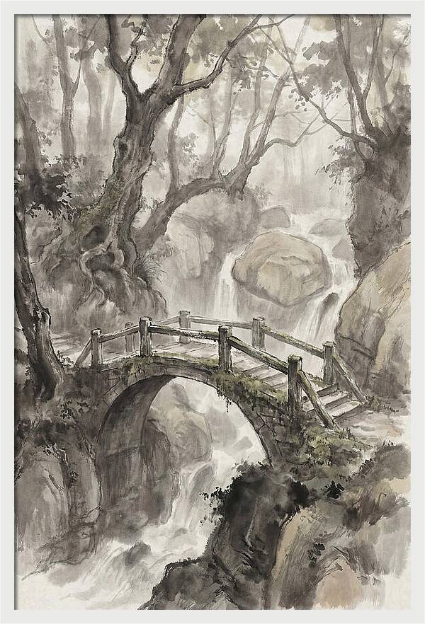 Narrow Stone Footbridge Over Mossy Ravine