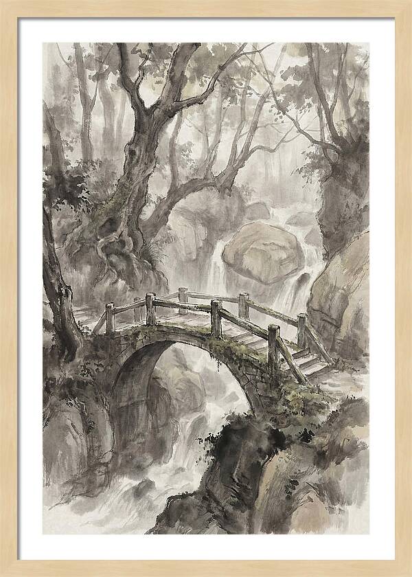 Narrow Stone Footbridge Over Mossy Ravine