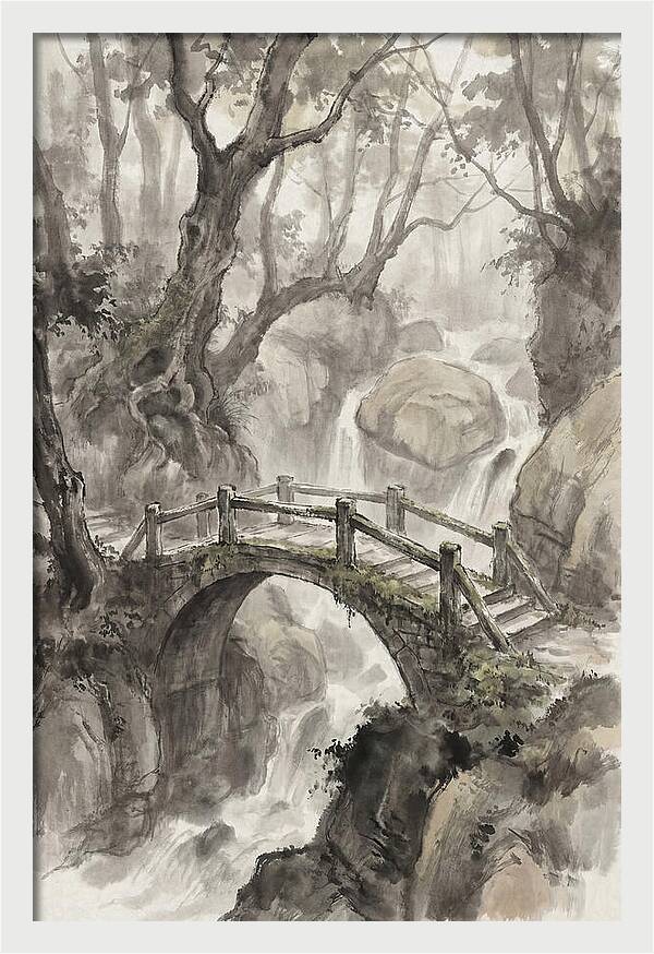 Narrow Stone Footbridge Over Mossy Ravine