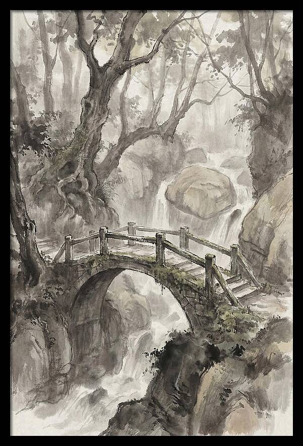 Narrow Stone Footbridge Over Mossy Ravine