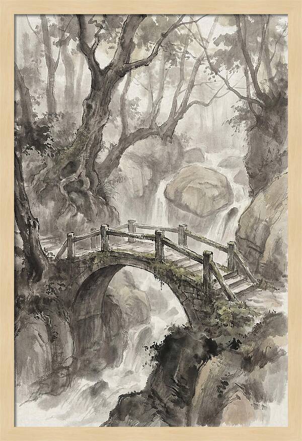 Narrow Stone Footbridge Over Mossy Ravine