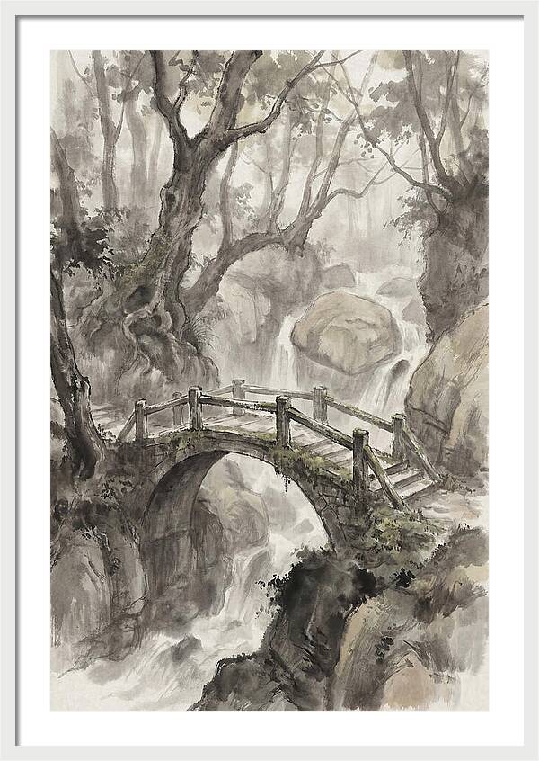 Narrow Stone Footbridge Over Mossy Ravine