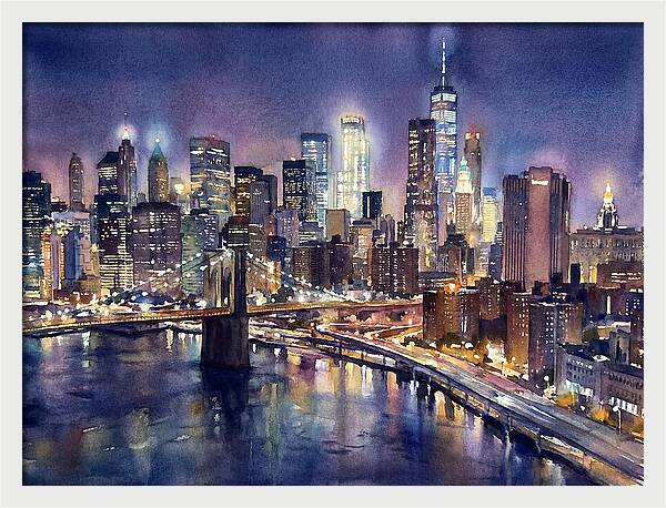 Night City Skyline Watercolor