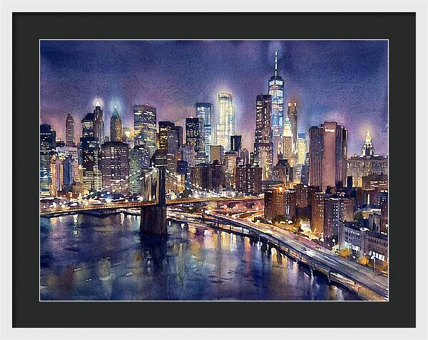 Night City Skyline Watercolor