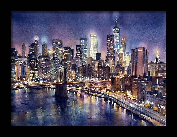 Night City Skyline Watercolor