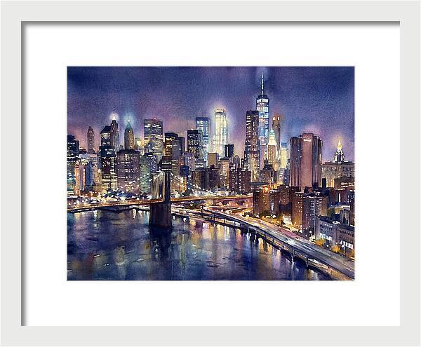 Night City Skyline Watercolor