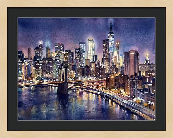 Night City Skyline Watercolor