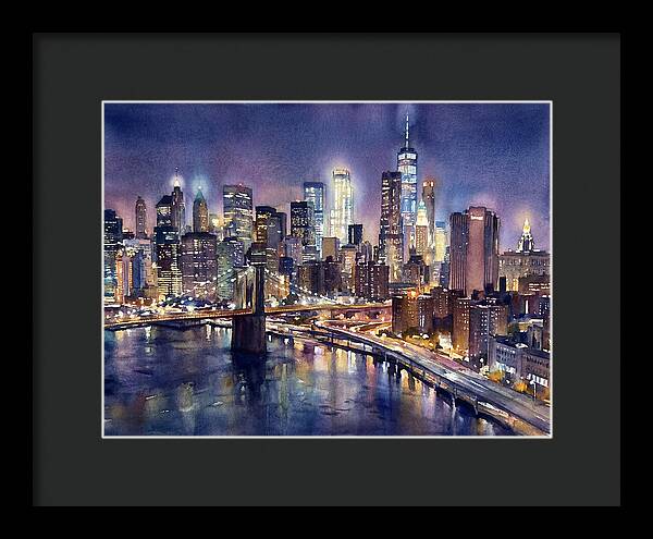 Night City Skyline Watercolor