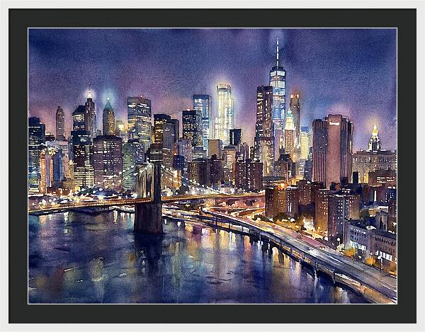 Night City Skyline Watercolor