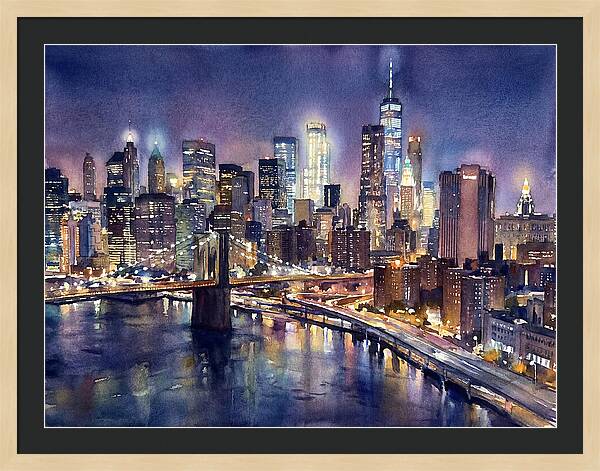 Night City Skyline Watercolor