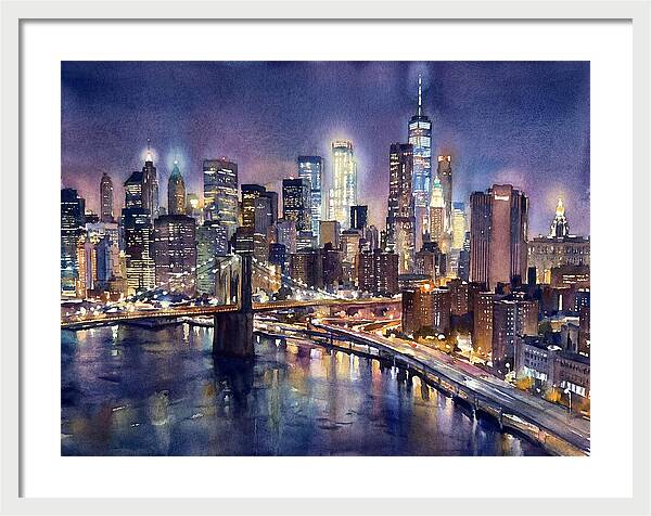 Night City Skyline Watercolor