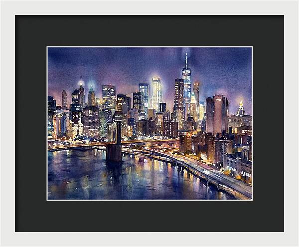 Night City Skyline Watercolor