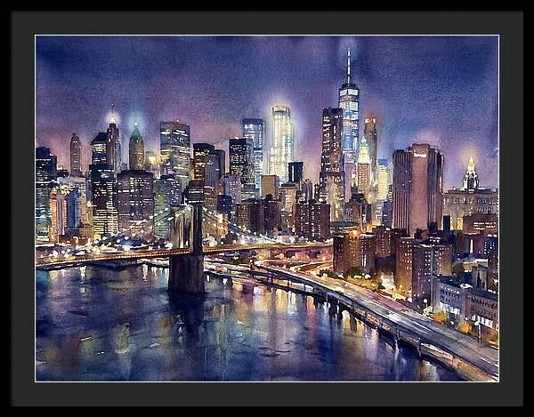 Night City Skyline Watercolor
