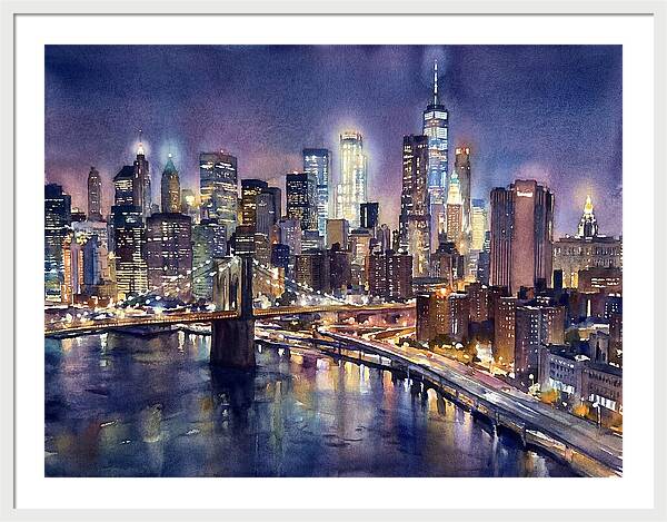Night City Skyline Watercolor