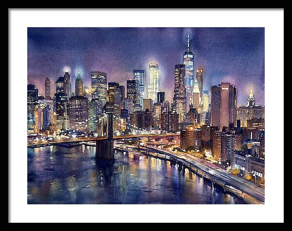 Night City Skyline Watercolor