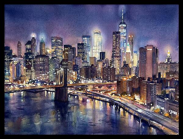 Night City Skyline Watercolor