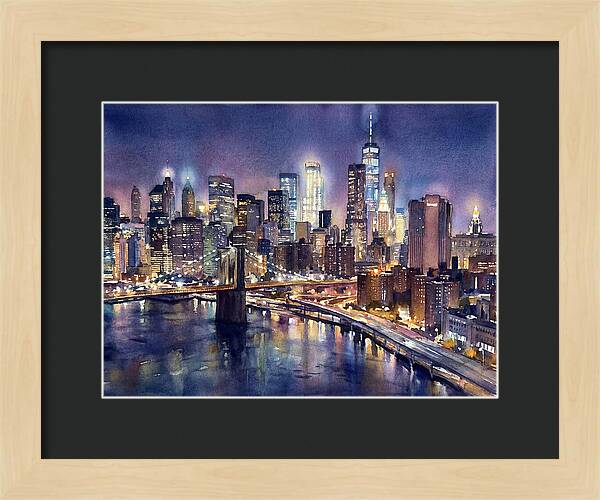 Night City Skyline Watercolor