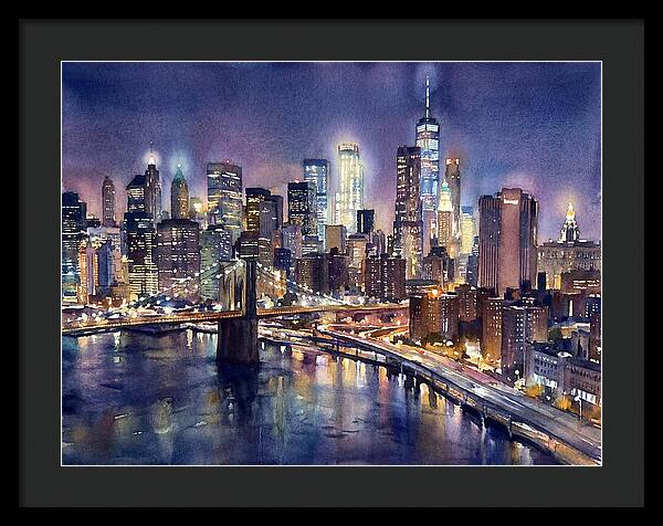 Night City Skyline Watercolor