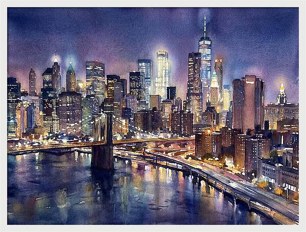 Night City Skyline Watercolor