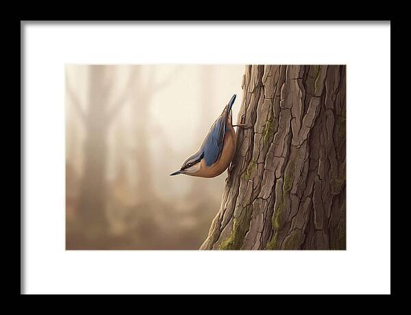 Nuthatch Descending Oak Trunk