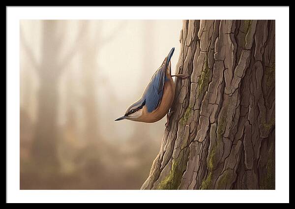 Nuthatch Descending Oak Trunk