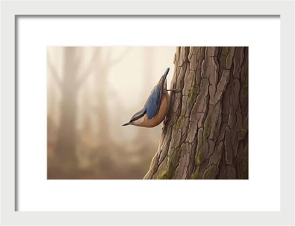 Nuthatch Descending Oak Trunk