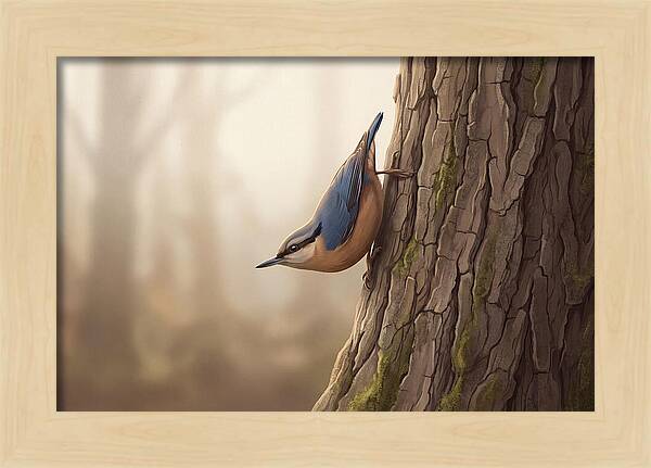 Nuthatch Descending Oak Trunk