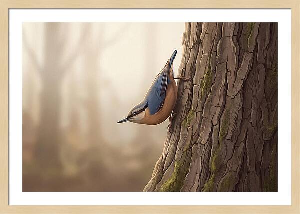 Nuthatch Descending Oak Trunk