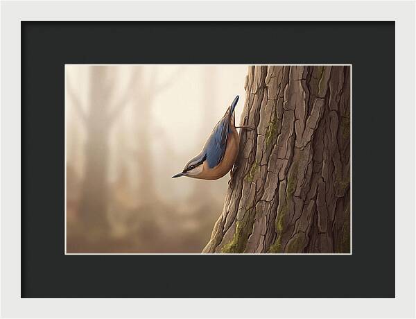 Nuthatch Descending Oak Trunk