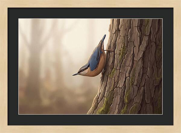 Nuthatch Descending Oak Trunk