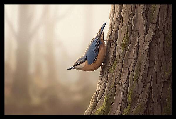 Nuthatch Descending Oak Trunk