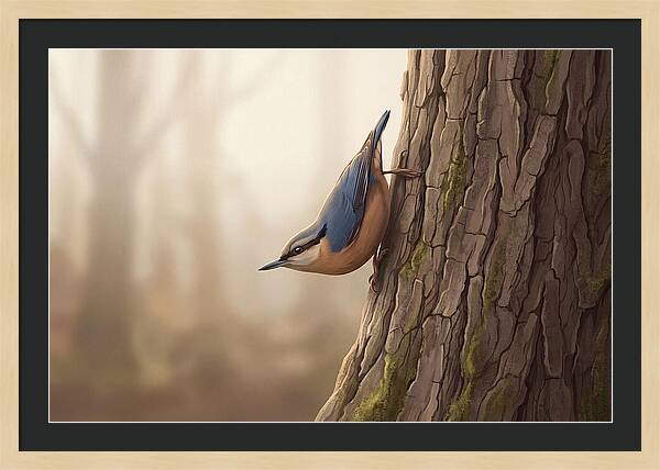 Nuthatch Descending Oak Trunk