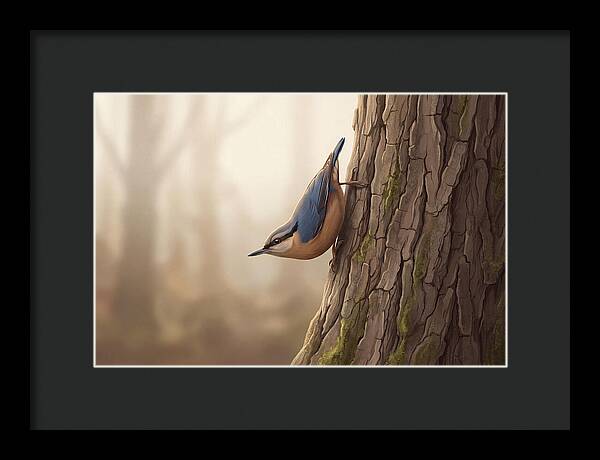 Nuthatch Descending Oak Trunk