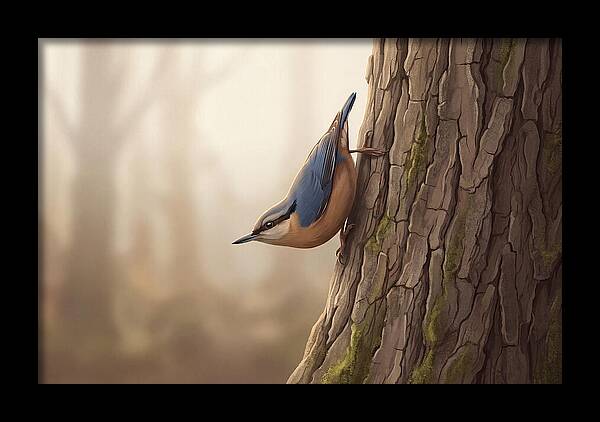Nuthatch Descending Oak Trunk