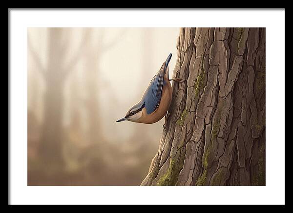 Nuthatch Descending Oak Trunk