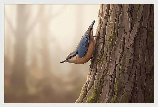 Nuthatch Descending Oak Trunk
