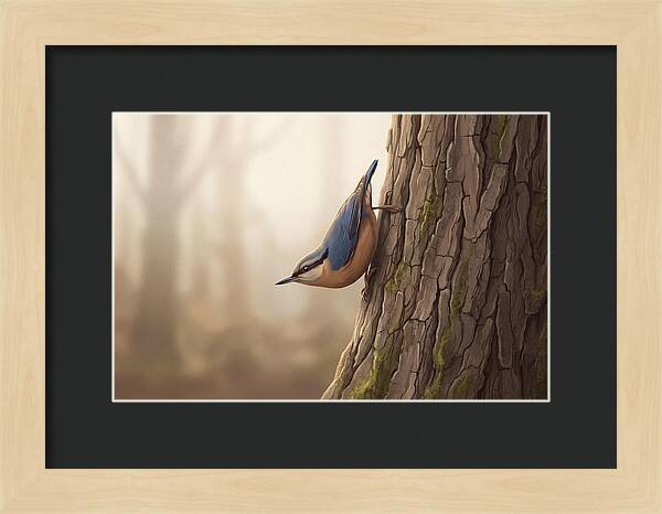 Nuthatch Descending Oak Trunk